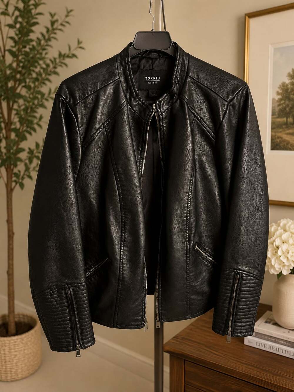 Torrid Black Faux Leather Moto Jacket with Zip Details Size 1